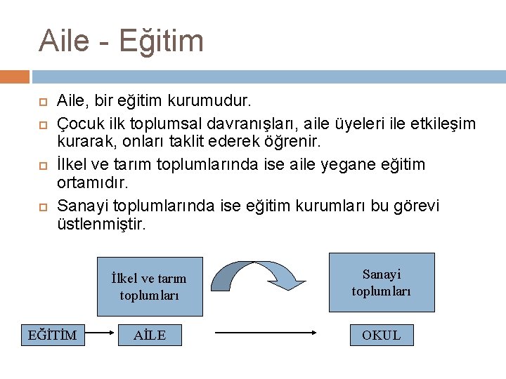 Aile - Eğitim Aile, bir eğitim kurumudur. Çocuk ilk toplumsal davranışları, aile üyeleri ile