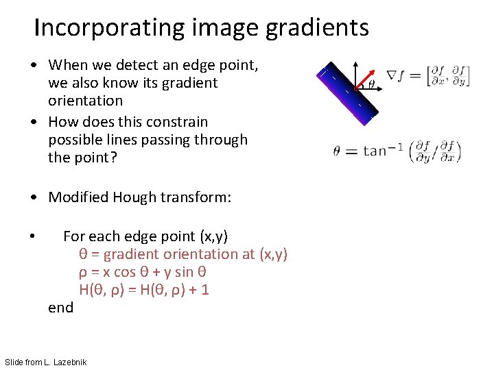 Incorporating image gradients • When we detect an edge point, we also know its