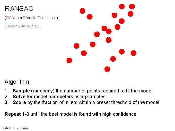 RANSAC (RANdom SAmple Consensus) : Fischler & Bolles in ‘ 81. Algorithm: 1. Sample