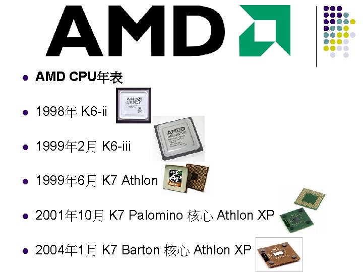 l AMD CPU年表 l 1998年 K 6 -ii l 1999年 2月 K 6 -iii