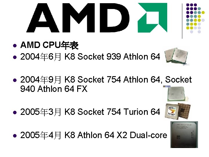 l l AMD CPU年表 2004年 6月 K 8 Socket 939 Athlon 64 l 2004年