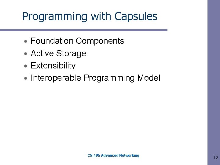 Programming with Capsules Foundation Components Active Storage Extensibility Interoperable Programming Model CS-495 Advanced Networking