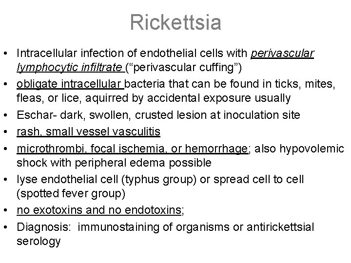 Rickettsia • Intracellular infection of endothelial cells with perivascular lymphocytic infiltrate (“perivascular cuffing”) •