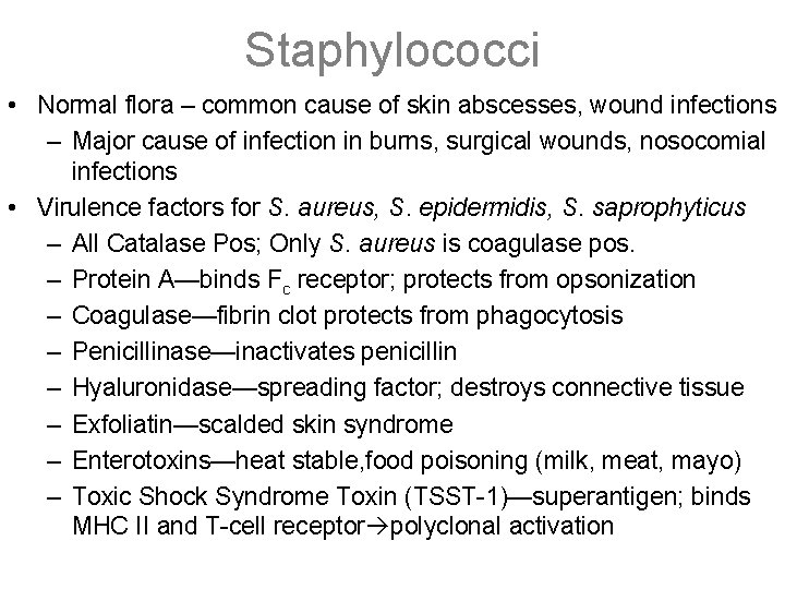 Staphylococci • Normal flora – common cause of skin abscesses, wound infections – Major