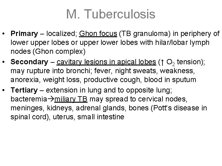 M. Tuberculosis • Primary – localized; Ghon focus (TB granuloma) in periphery of lower