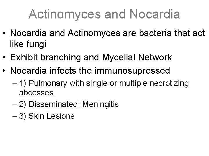 Actinomyces and Nocardia • Nocardia and Actinomyces are bacteria that act like fungi •