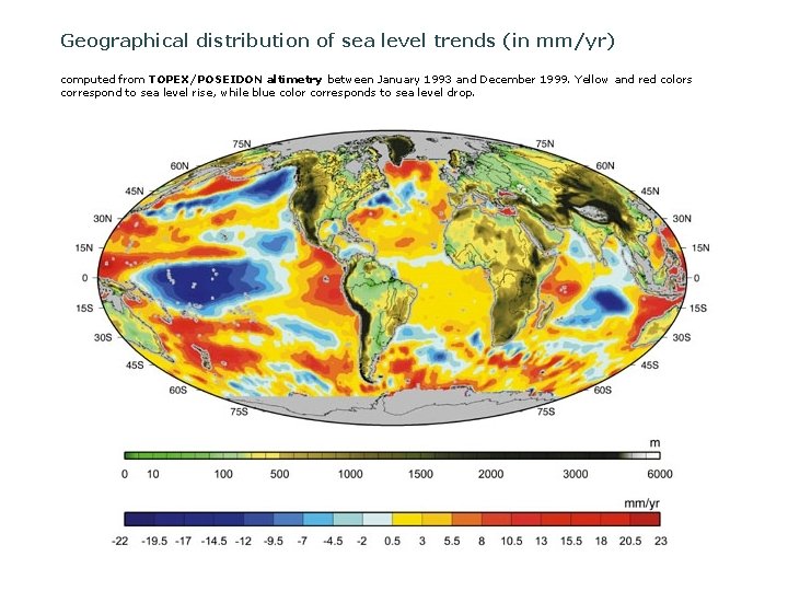 Geographical distribution of sea level trends (in mm/yr) computed from TOPEX/POSEIDON altimetry between January