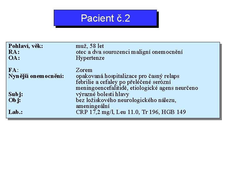 Pacientč. 2 Pohlaví, věk: RA: OA: muž, 58 let otec a dva sourozenci maligní