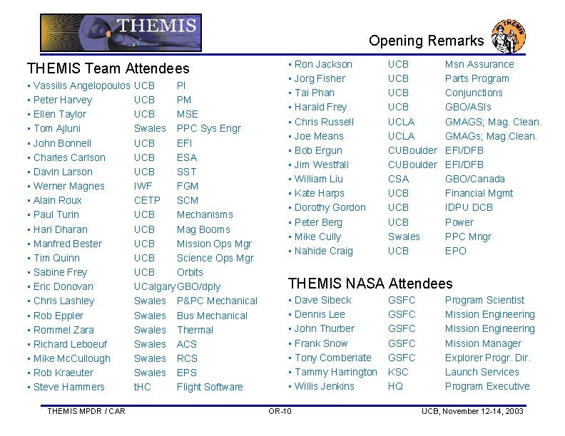 Opening Remarks THEMIS Team Attendees • Vassilis Angelopoulos • Peter Harvey • Ellen Taylor