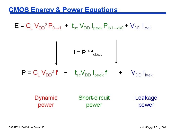 CMOS Energy & Power Equations E = CL VDD 2 P 0 1 +