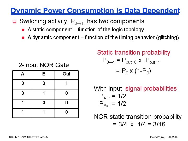 Dynamic Power Consumption is Data Dependent q Switching activity, P 0 1, has two