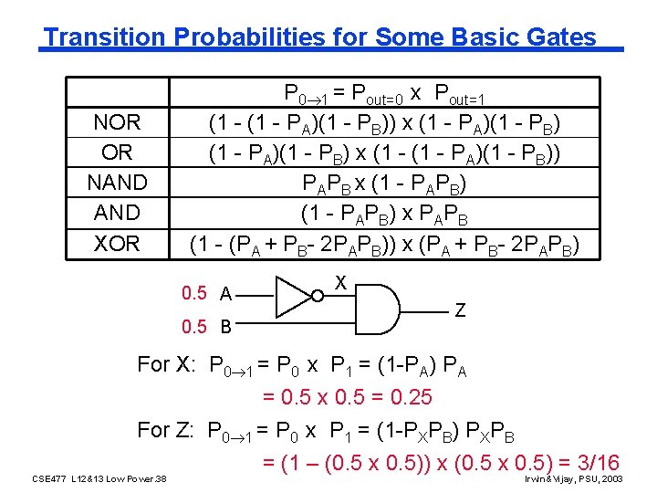 Transition Probabilities for Some Basic Gates NOR OR NAND XOR P 0 1 =