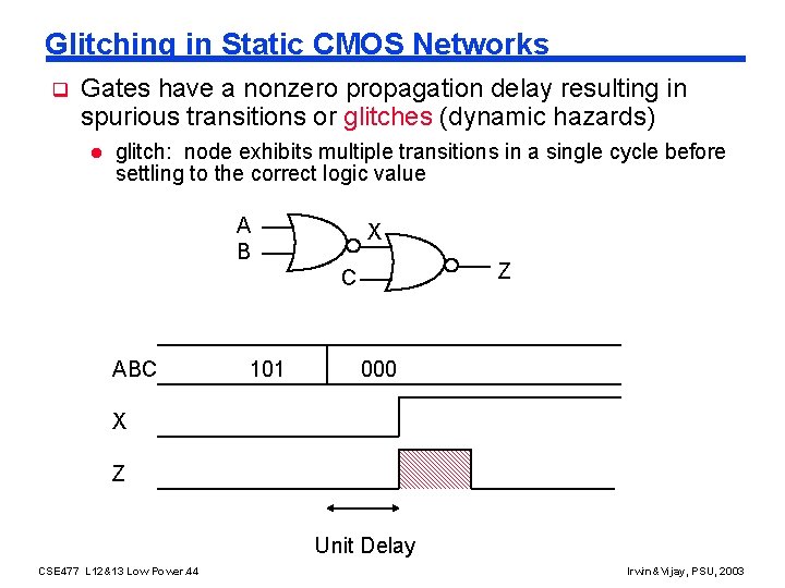 Glitching in Static CMOS Networks q Gates have a nonzero propagation delay resulting in