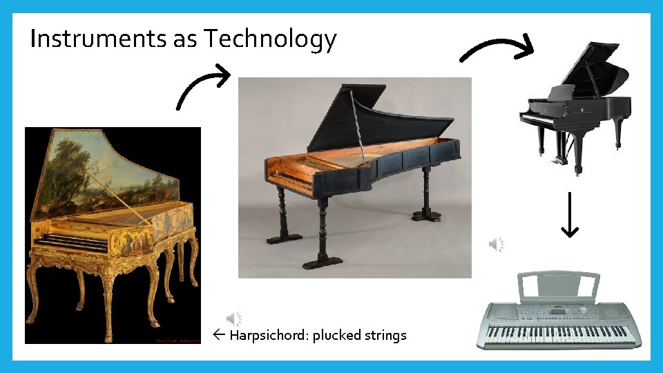 Instruments as Technology Harpsichord: plucked strings 
