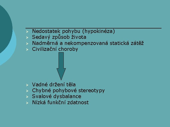 Ø Ø Ø Ø Nedostatek pohybu (hypokinéza) Sedavý způsob života Nadměrná a nekompenzovaná statická