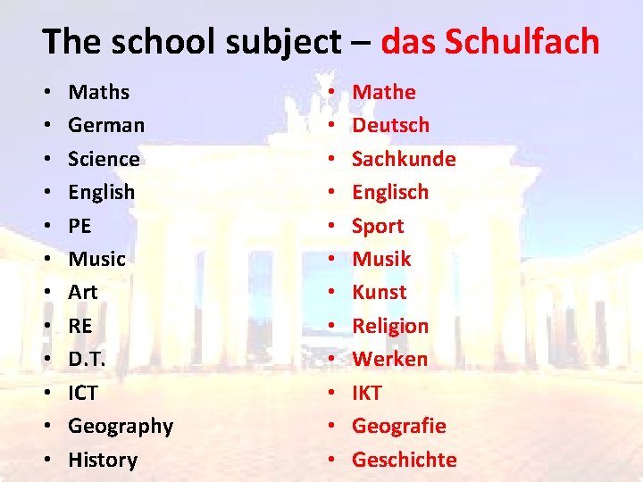 The school subject – das Schulfach • • • Maths German Science English PE