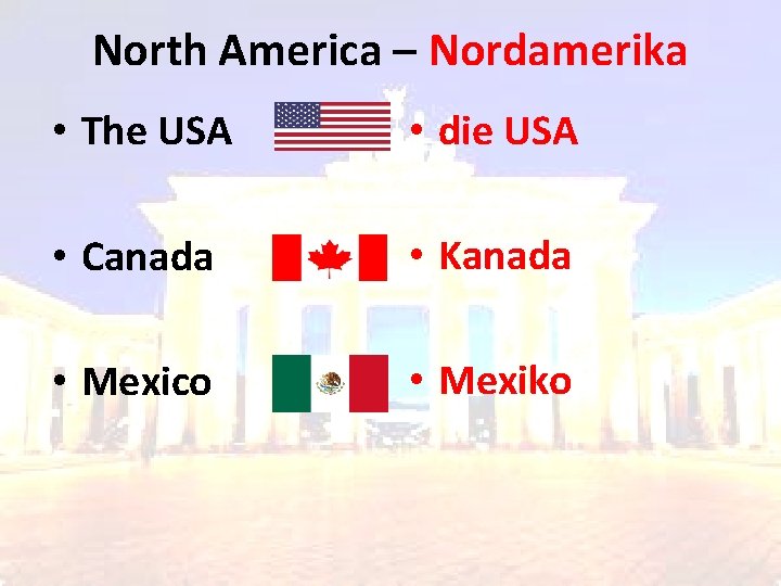 North America – Nordamerika • The USA • die USA • Canada • Kanada