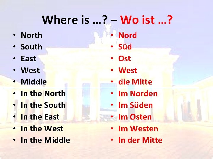 Where is …? – Wo ist …? • • • North South East West