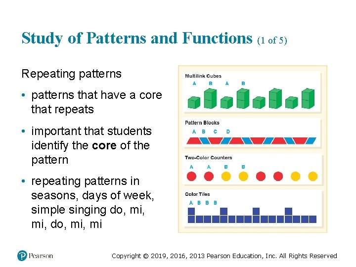 Study of Patterns and Functions (1 of 5) Repeating patterns • patterns that have