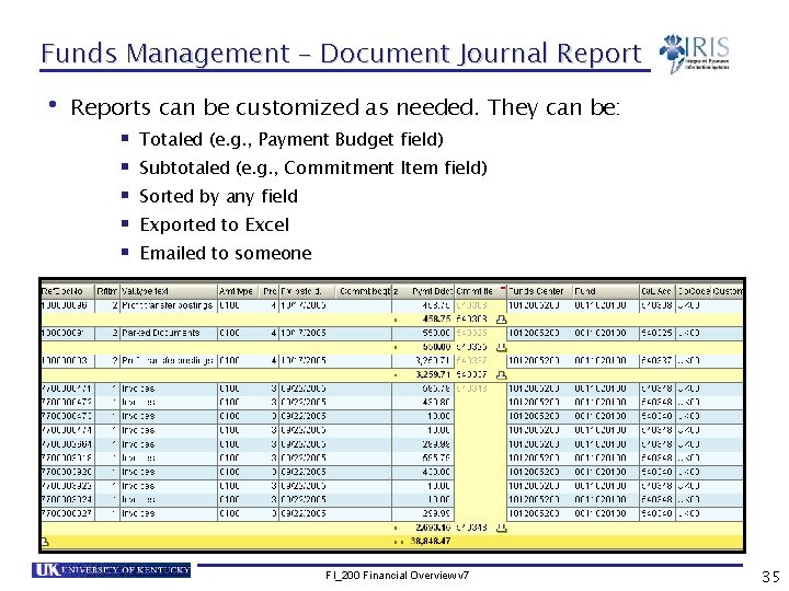 Funds Management – Document Journal Report • Reports can be customized as needed. They