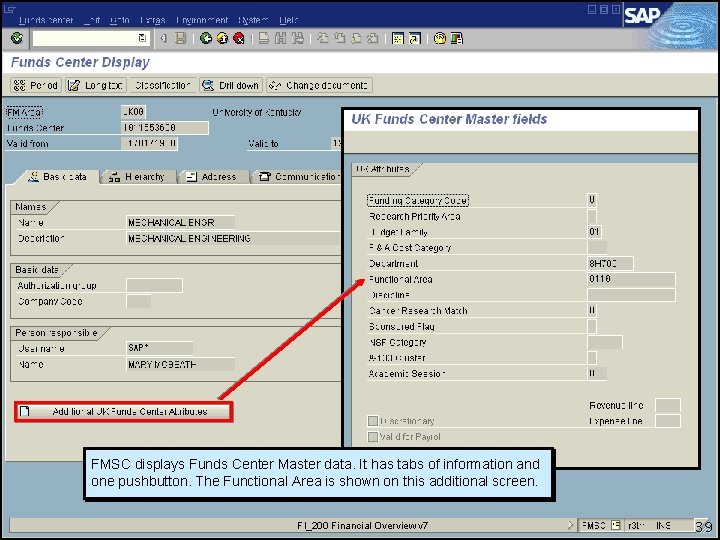 FMSC displays Funds Center Master data. It has tabs of information and one pushbutton.