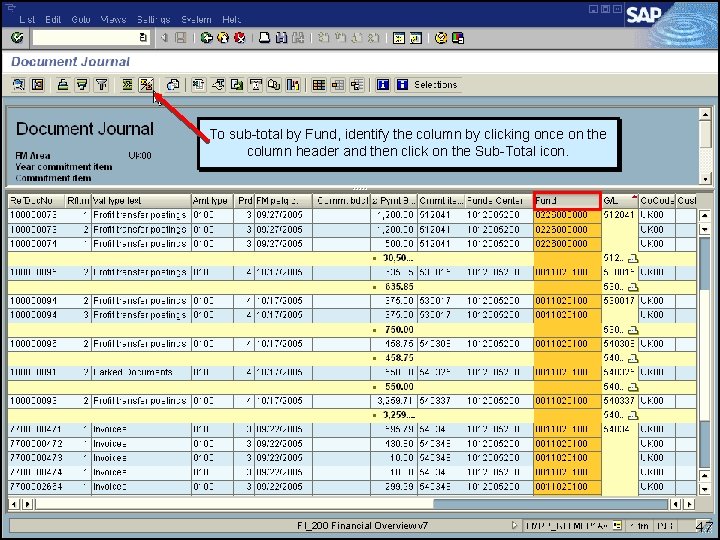 To sub-total by Fund, identify the column by clicking once on the column header