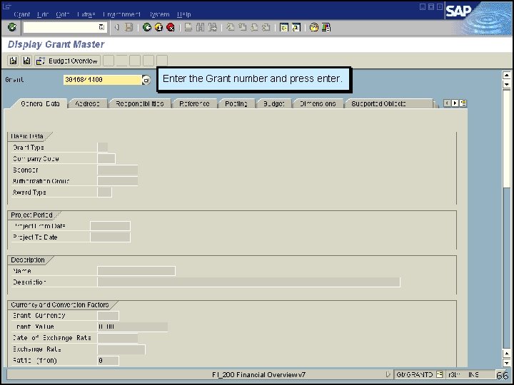 Enter the Grant number and press enter. FI_200 Financial Overview v 7 66 