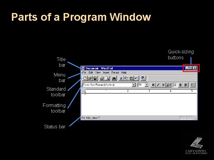 Parts of a Program Window Title bar Menu bar Standard toolbar Formatting toolbar Status Parts of a Program Window Title bar Menu bar Standard toolbar Formatting toolbar Status
