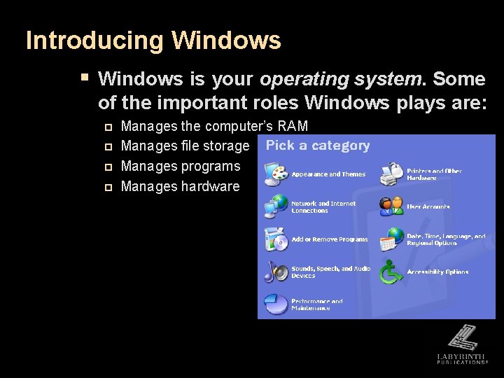 Introducing Windows § Windows is your operating system. Some of the important roles Windows Introducing Windows § Windows is your operating system. Some of the important roles Windows