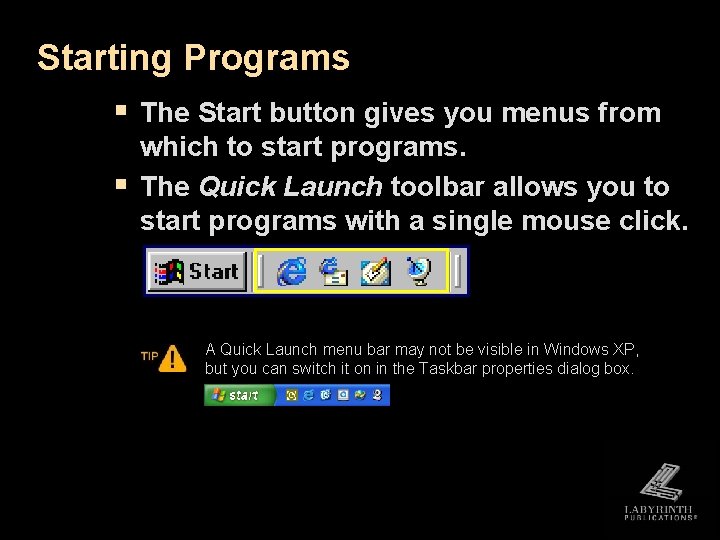 Starting Programs § The Start button gives you menus from § which to start Starting Programs § The Start button gives you menus from § which to start