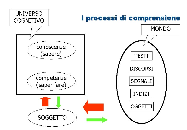 UNIVERSO COGNITIVO I processi di comprensione MONDO conoscenze (sapere) TESTI DISCORSI competenze (saper fare)