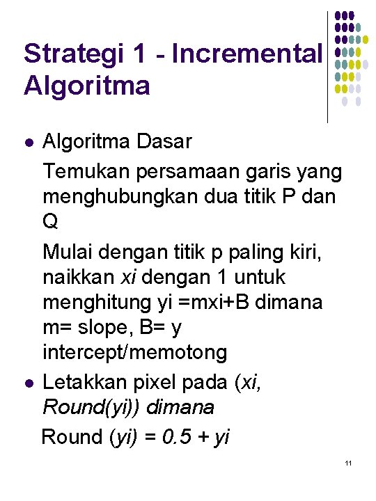 Strategi 1 - Incremental Algoritma Dasar Temukan persamaan garis yang menghubungkan dua titik P