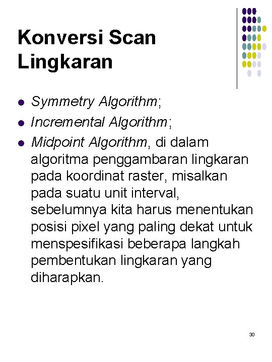 Konversi Scan Lingkaran l l l Symmetry Algorithm; Incremental Algorithm; Midpoint Algorithm, di dalam