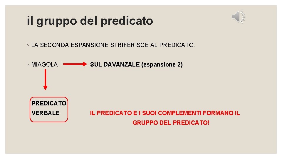il gruppo del predicato ◦ LA SECONDA ESPANSIONE SI RIFERISCE AL PREDICATO. ◦ MIAGOLA