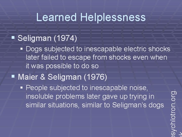 Learned Helplessness § Seligman (1974) § Dogs subjected to inescapable electric shocks later failed