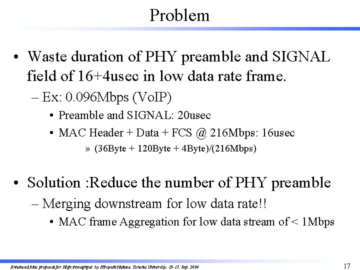 Problem • Waste duration of PHY preamble and SIGNAL field of 16+4 usec in