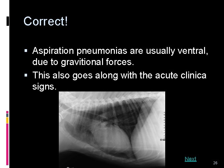 Correct! § Aspiration pneumonias are usually ventral, due to gravitional forces. § This also
