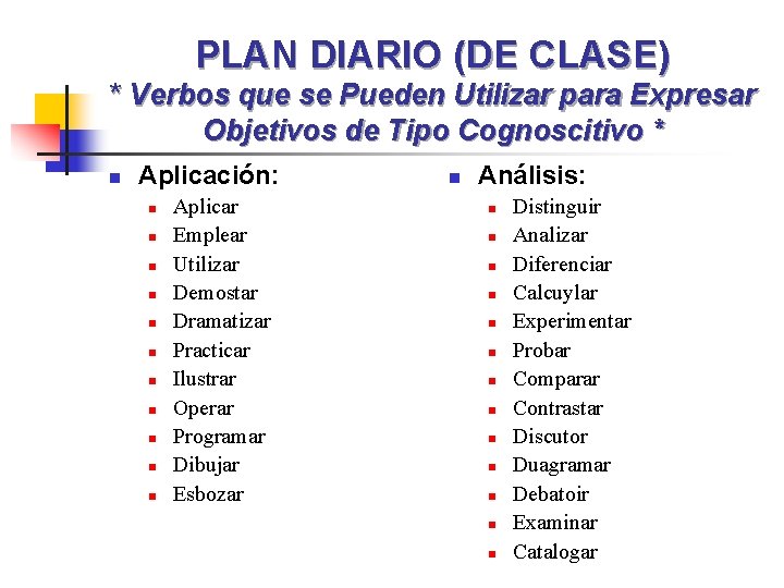 PLAN DIARIO (DE CLASE) * Verbos que se Pueden Utilizar para Expresar Objetivos de