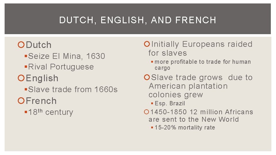 DUTCH, ENGLISH, AND FRENCH Dutch § Seize El Mina, 1630 § Rival Portuguese English