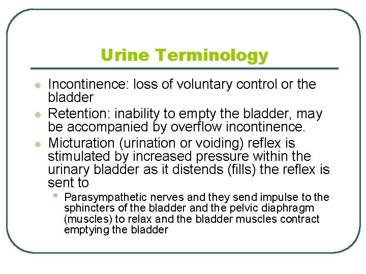 Urine Terminology l l l Incontinence: loss of voluntary control or the bladder Retention: