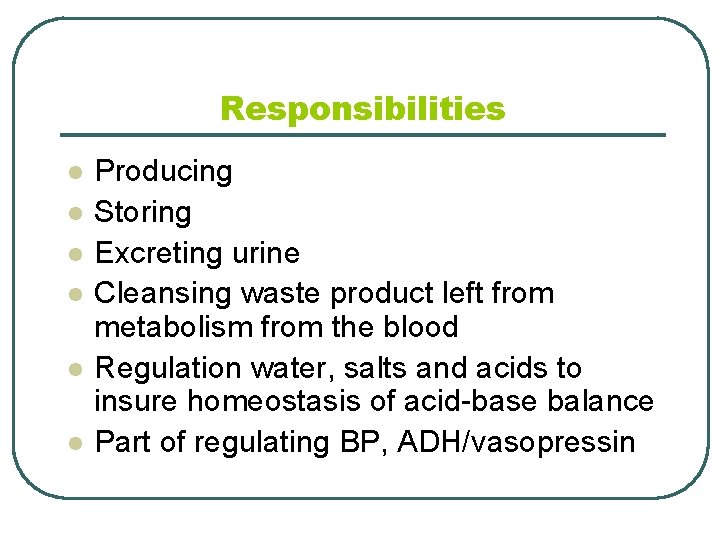 Responsibilities l l l Producing Storing Excreting urine Cleansing waste product left from metabolism