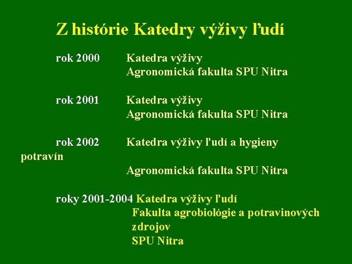 Z histórie Katedry výživy ľudí rok 2000 Katedra výživy Agronomická fakulta SPU Nitra rok