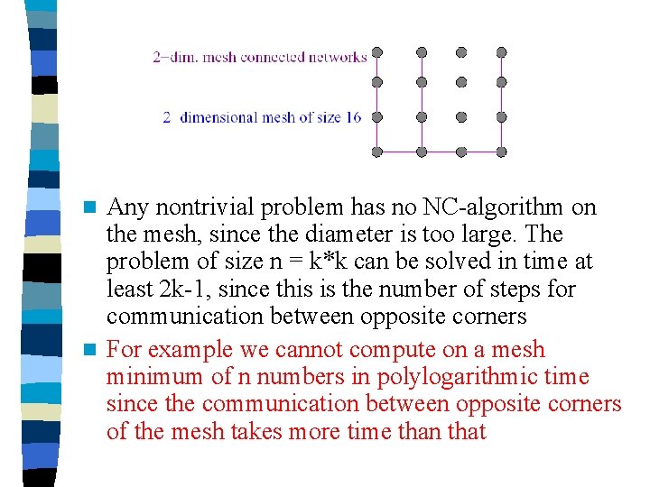 Any nontrivial problem has no NC-algorithm on the mesh, since the diameter is too