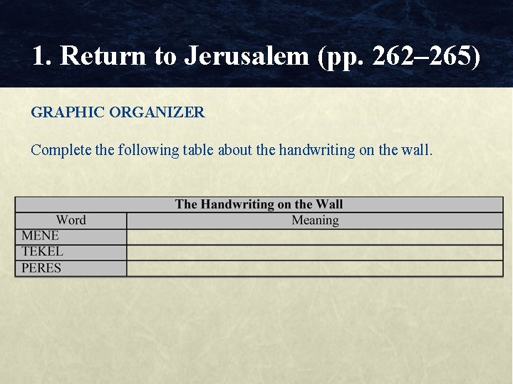 1. Return to Jerusalem (pp. 262– 265) GRAPHIC ORGANIZER Complete the following table about