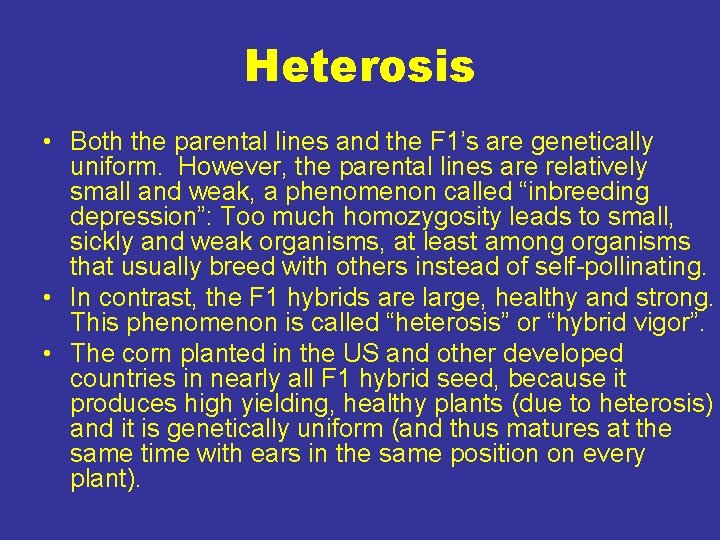 Heterosis • Both the parental lines and the F 1’s are genetically uniform. However,