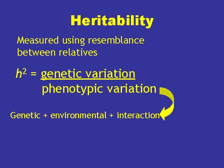 Heritability Measured using resemblance between relatives h 2 = genetic variation phenotypic variation Genetic