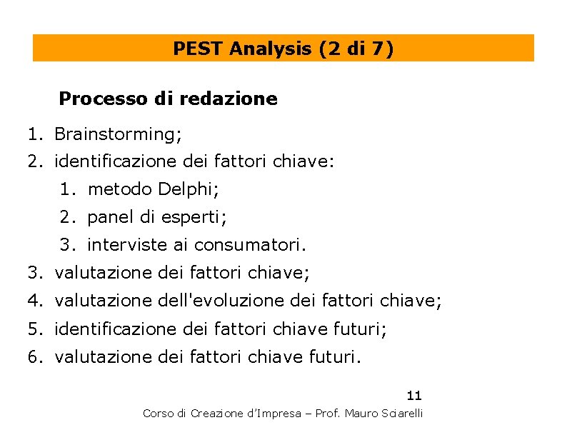 PEST Analysis (2 di 7) Processo di redazione 1. Brainstorming; 2. identificazione dei fattori