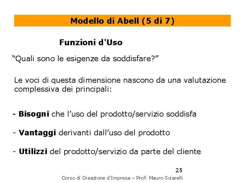 Modello di Abell (5 di 7) Funzioni d'Uso “Quali sono le esigenze da soddisfare?