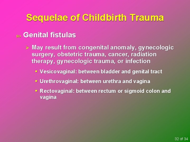 Sequelae of Childbirth Trauma Genital fistulas Ø May result from congenital anomaly, gynecologic surgery,