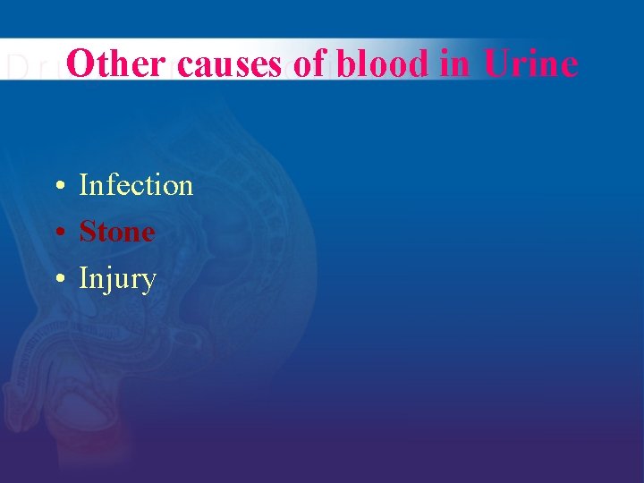 Other causes of blood in Urine • Infection • Stone • Injury 